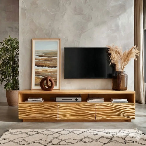 Modern Natural Solid Wood TV Stand with Wave Front Cabinet Design - Livewoodcraft