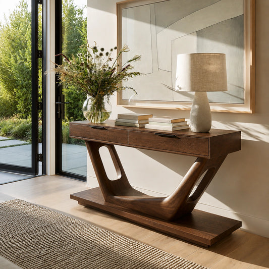Modern Solid Walnut Console Table with Drawers | Sculptural Entryway Sofa Table - Livewoodcraft