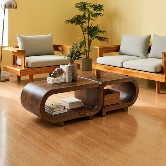 Modern Solid Walnut Nesting Coffee Table Set | Curved Wood Coffee Tables with Open Storage - Livewoodcraft