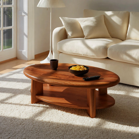 Modern Solid Walnut Round Coffee Table with Open Storage Shelf | Minimalist Living Room Table - Livewoodcraft