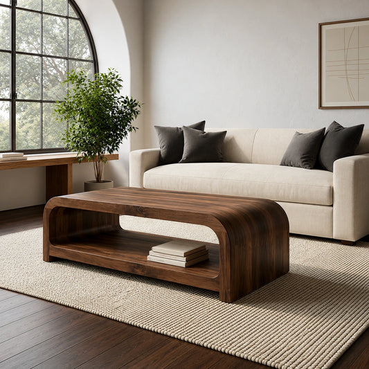 Modern Solid Walnut Waterfall Coffee Table with Open Storage | Minimalist Living Room Table - Livewoodcraft