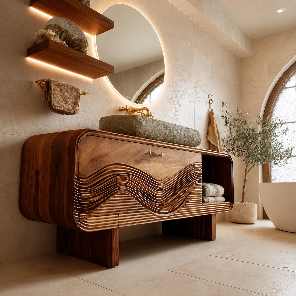 Modern Solid Wood Bathroom Vanity with Sculpted Wave Front and Open Shelf - Livewoodcraft - 10