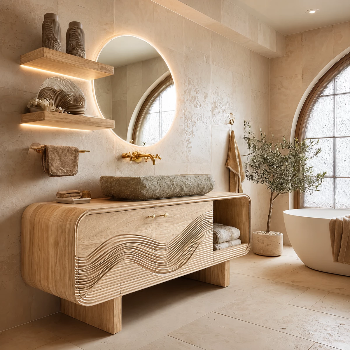 Modern Solid Wood Bathroom Vanity with Sculpted Wave Front and Open Shelf - Livewoodcraft - 2
