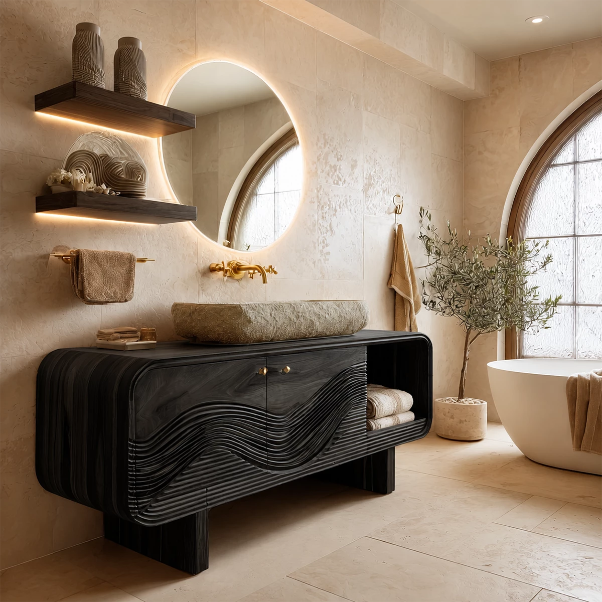 Modern Solid Wood Bathroom Vanity with Sculpted Wave Front and Open Shelf - Livewoodcraft - 3