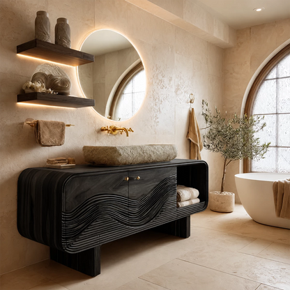 Modern Solid Wood Bathroom Vanity with Sculpted Wave Front and Open Shelf - Livewoodcraft - 3