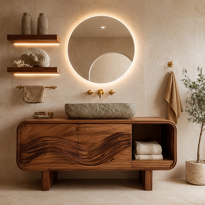Modern Solid Wood Bathroom Vanity with Sculpted Wave Front and Open Shelf - Livewoodcraft - 4