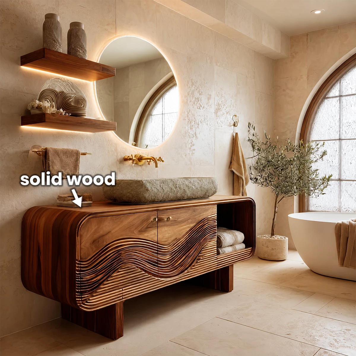 Modern Solid Wood Bathroom Vanity with Sculpted Wave Front and Open Shelf - Livewoodcraft - 5