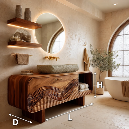 Modern Solid Wood Bathroom Vanity with Sculpted Wave Front and Open Shelf - Livewoodcraft - 6