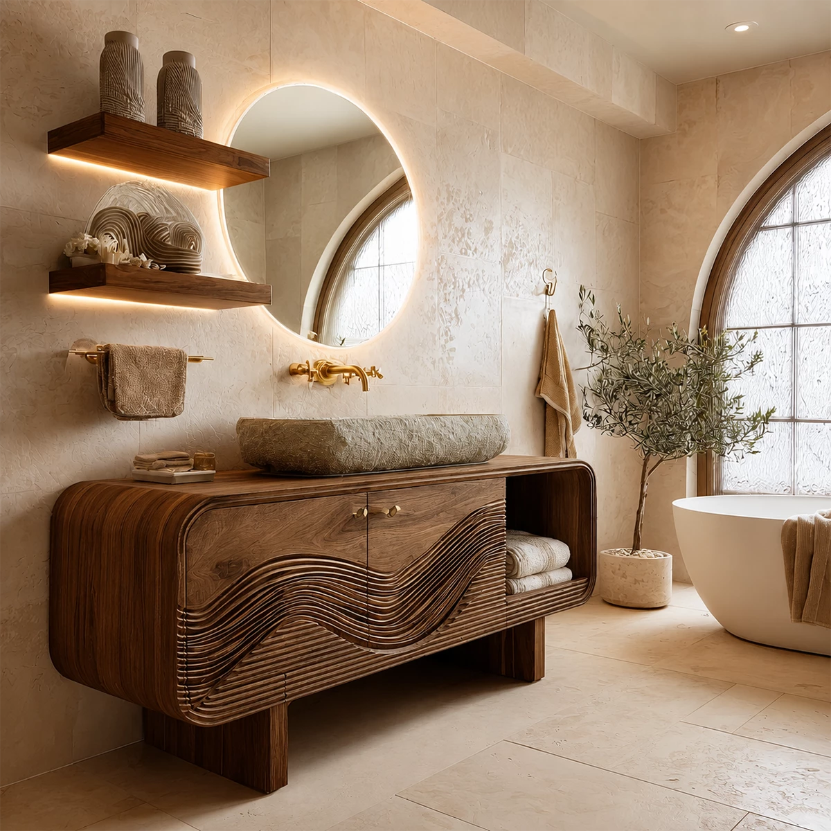 Modern Solid Wood Bathroom Vanity with Sculpted Wave Front and Open Shelf - Livewoodcraft - 7
