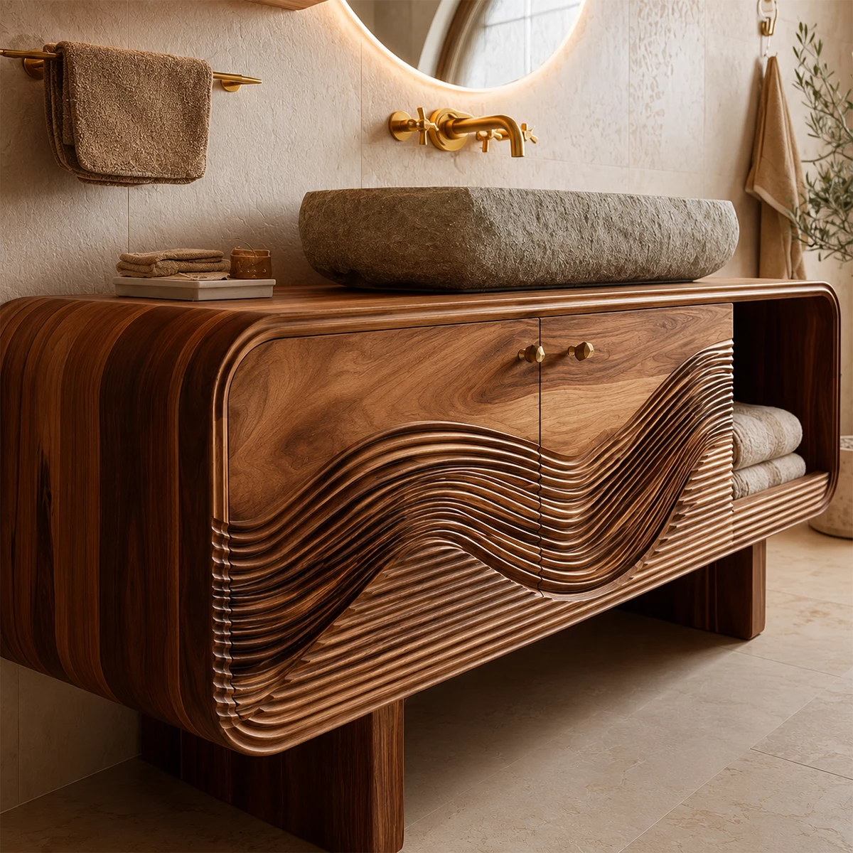 Modern Solid Wood Bathroom Vanity with Sculpted Wave Front and Open Shelf - Livewoodcraft - 8