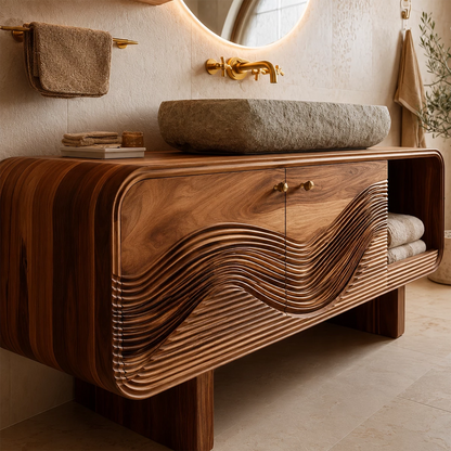 Modern Solid Wood Bathroom Vanity with Sculpted Wave Front and Open Shelf - Livewoodcraft - 8