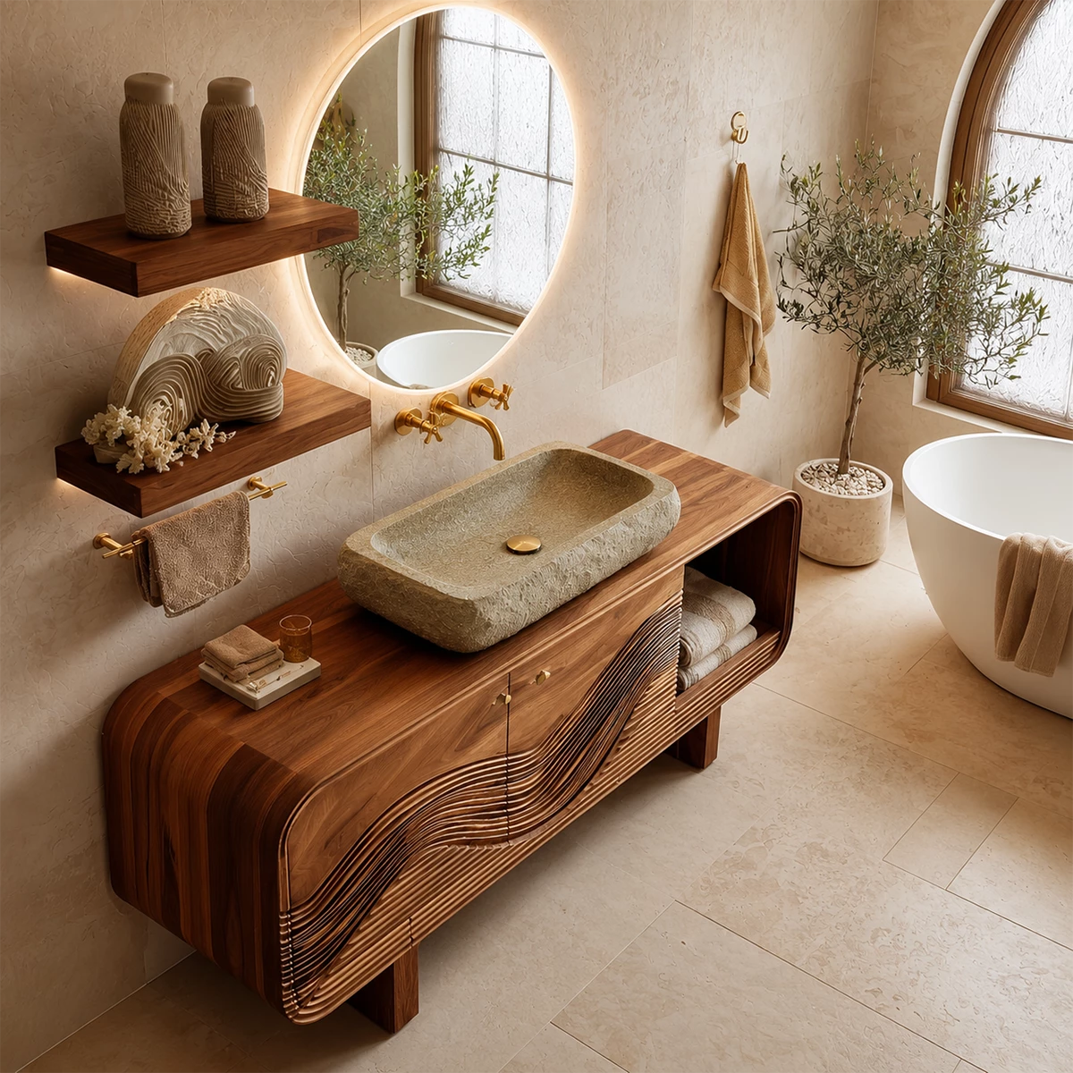 Modern Solid Wood Bathroom Vanity with Sculpted Wave Front and Open Shelf - Livewoodcraft - 9