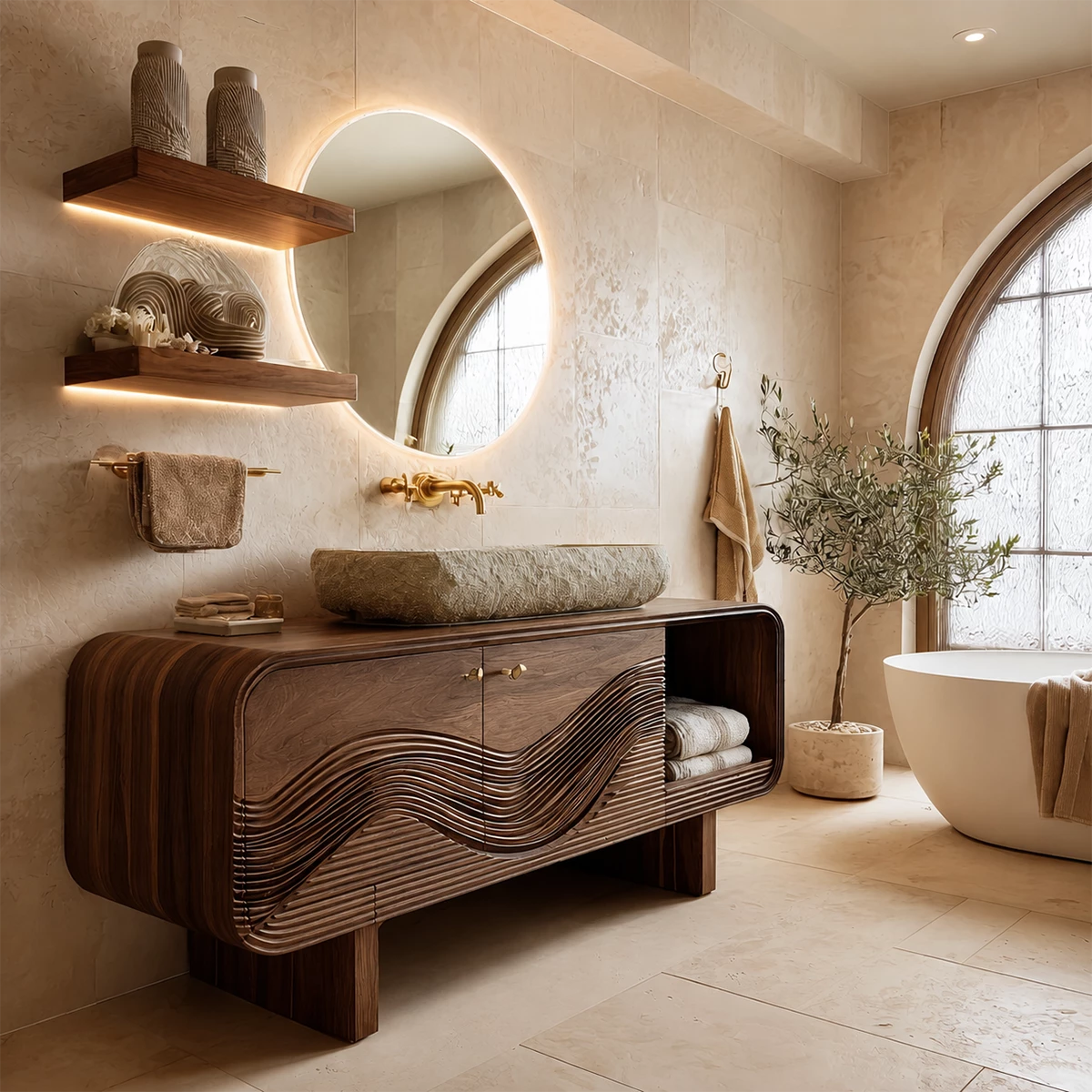 Modern Solid Wood Bathroom Vanity with Sculpted Wave Front and Open Shelf - Livewoodcraft