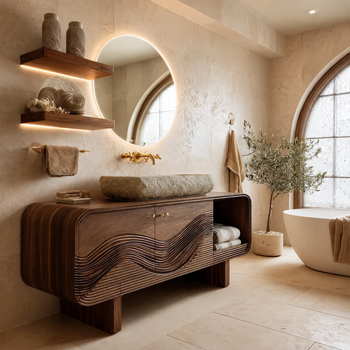 Modern Solid Wood Bathroom Vanity with Sculpted Wave Front and Open Shelf - Livewoodcraft