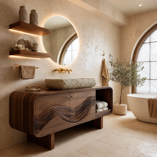 Modern Solid Wood Bathroom Vanity with Sculpted Wave Front and Open Shelf - Livewoodcraft
