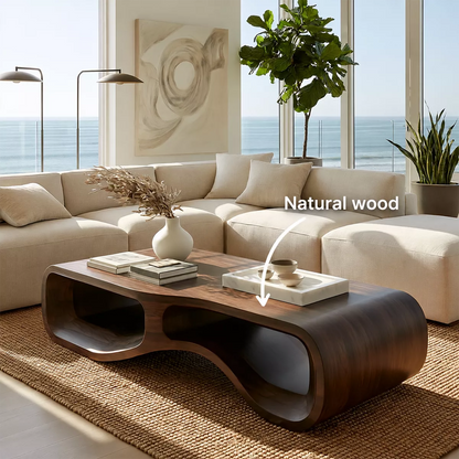 Modern Solid Wood Coffee Table With Double Hollow Base Rounded Sides And Natural Wood Grain For Living Room - Livewoodcraft - 11