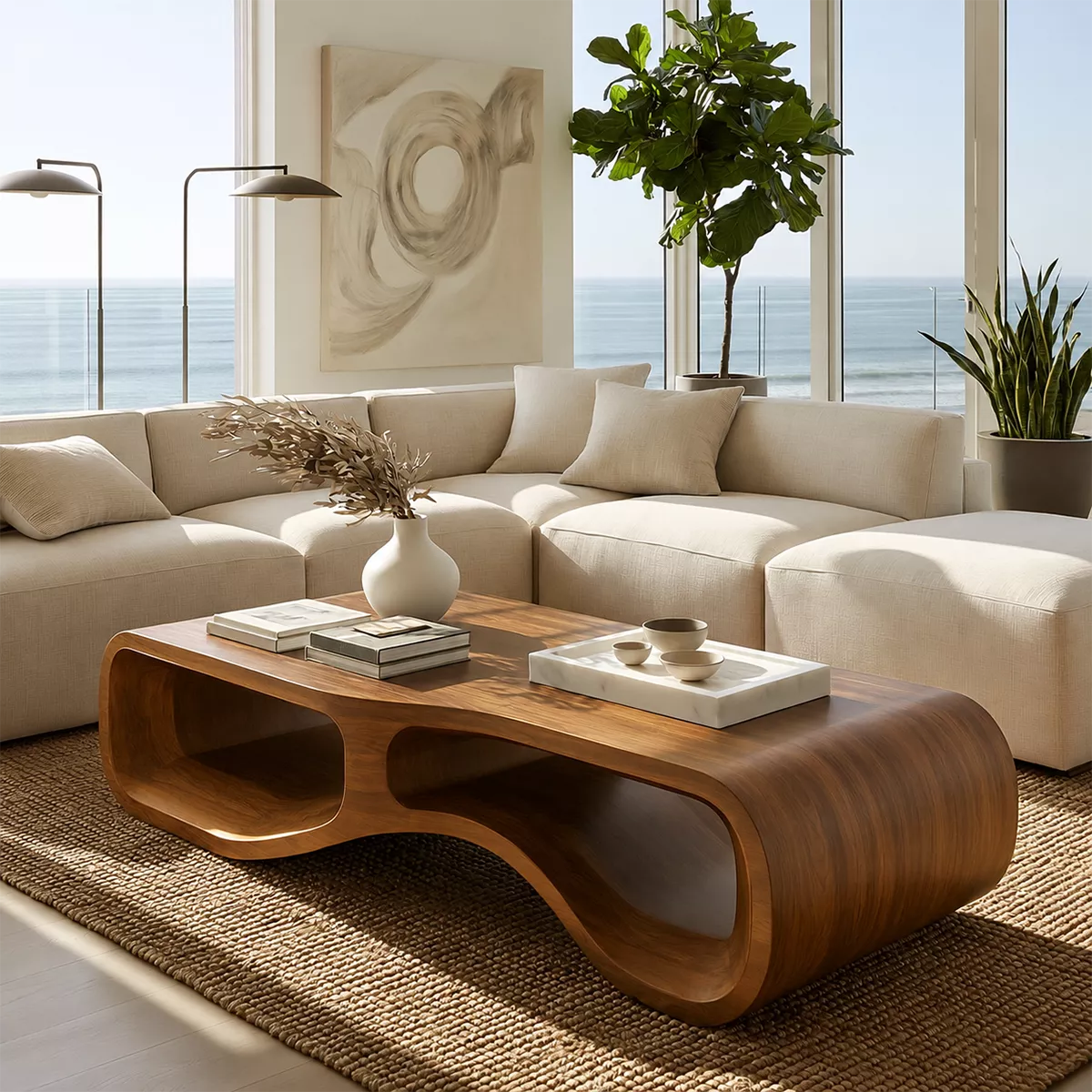 Modern Solid Wood Coffee Table With Double Hollow Base Rounded Sides And Natural Wood Grain For Living Room - Livewoodcraft - 2