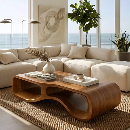 Modern Solid Wood Coffee Table With Double Hollow Base Rounded Sides And Natural Wood Grain For Living Room - Livewoodcraft - 2