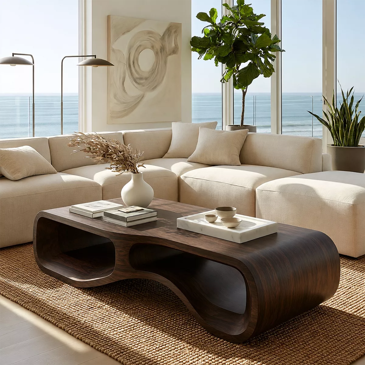 Modern Solid Wood Coffee Table With Double Hollow Base Rounded Sides And Natural Wood Grain For Living Room - Livewoodcraft - 3
