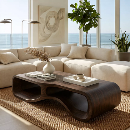 Modern Solid Wood Coffee Table With Double Hollow Base Rounded Sides And Natural Wood Grain For Living Room - Livewoodcraft - 3