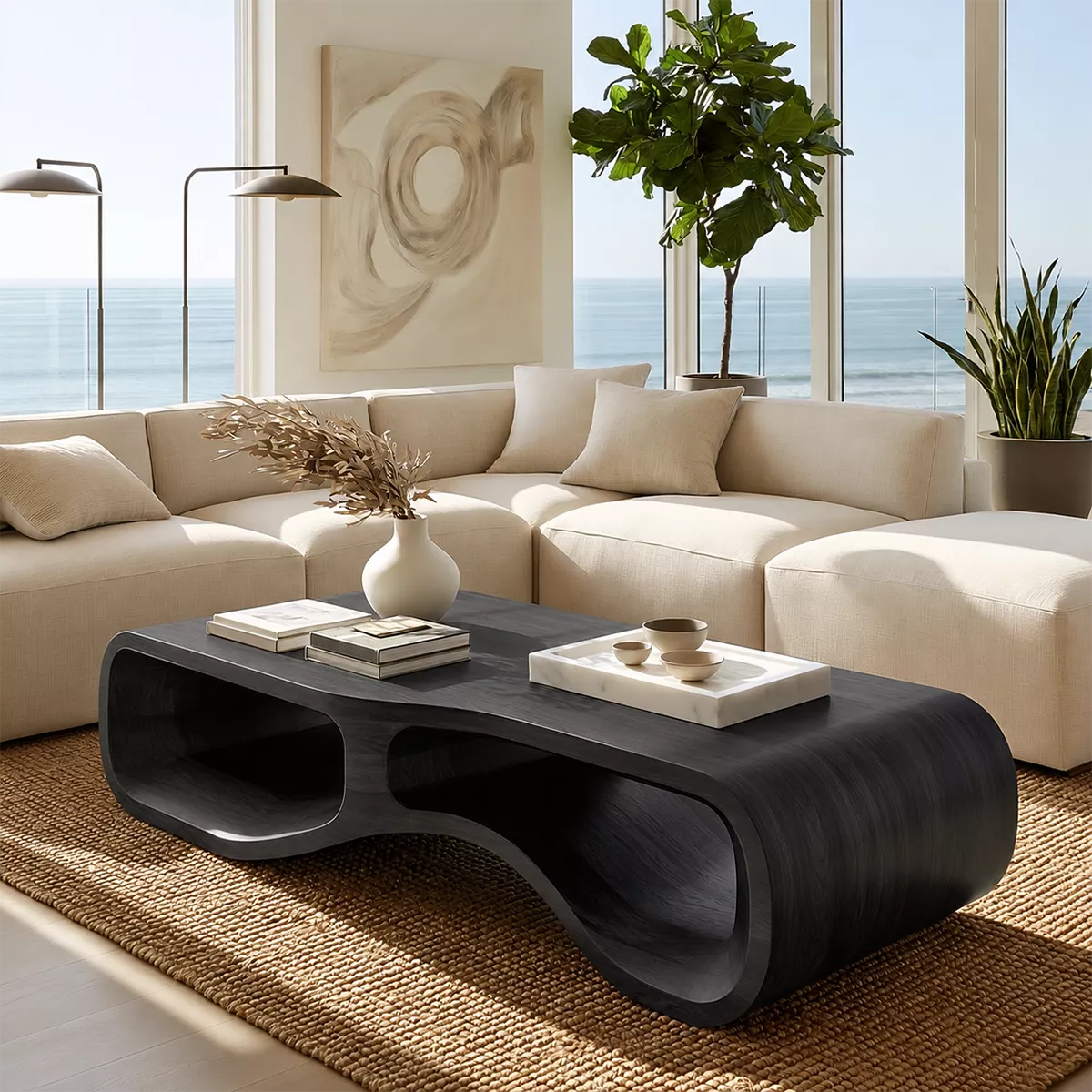 Modern Solid Wood Coffee Table With Double Hollow Base Rounded Sides And Natural Wood Grain For Living Room - Livewoodcraft - 4
