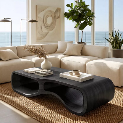 Modern Solid Wood Coffee Table With Double Hollow Base Rounded Sides And Natural Wood Grain For Living Room - Livewoodcraft - 4