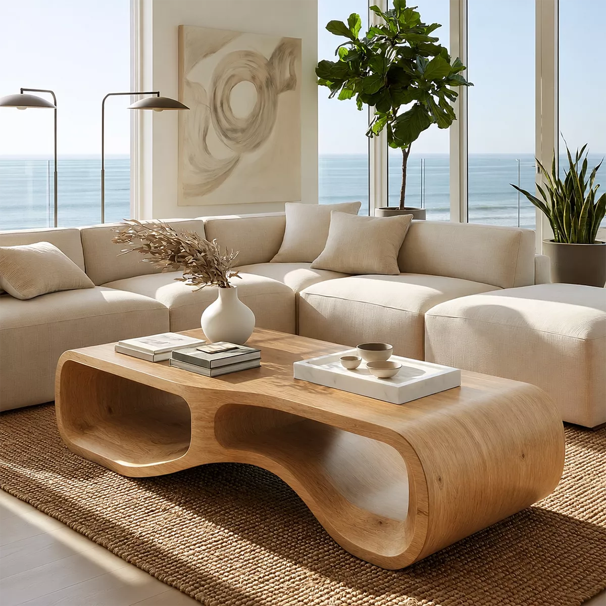 Modern Solid Wood Coffee Table With Double Hollow Base Rounded Sides And Natural Wood Grain For Living Room - Livewoodcraft - 5