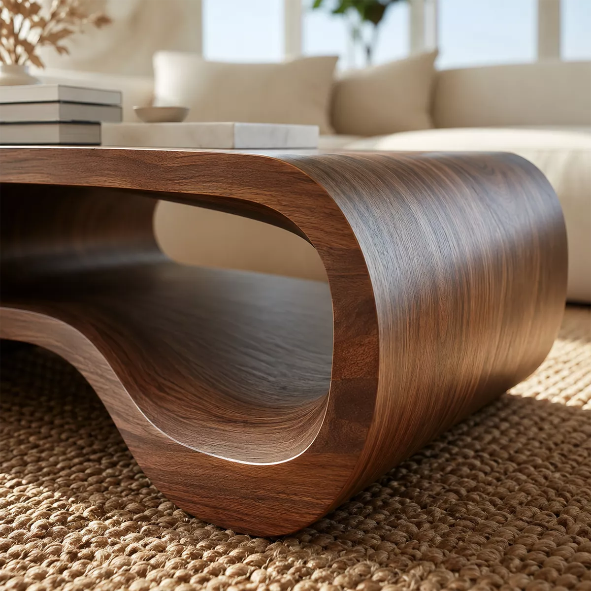 Modern Solid Wood Coffee Table With Double Hollow Base Rounded Sides And Natural Wood Grain For Living Room - Livewoodcraft - 6