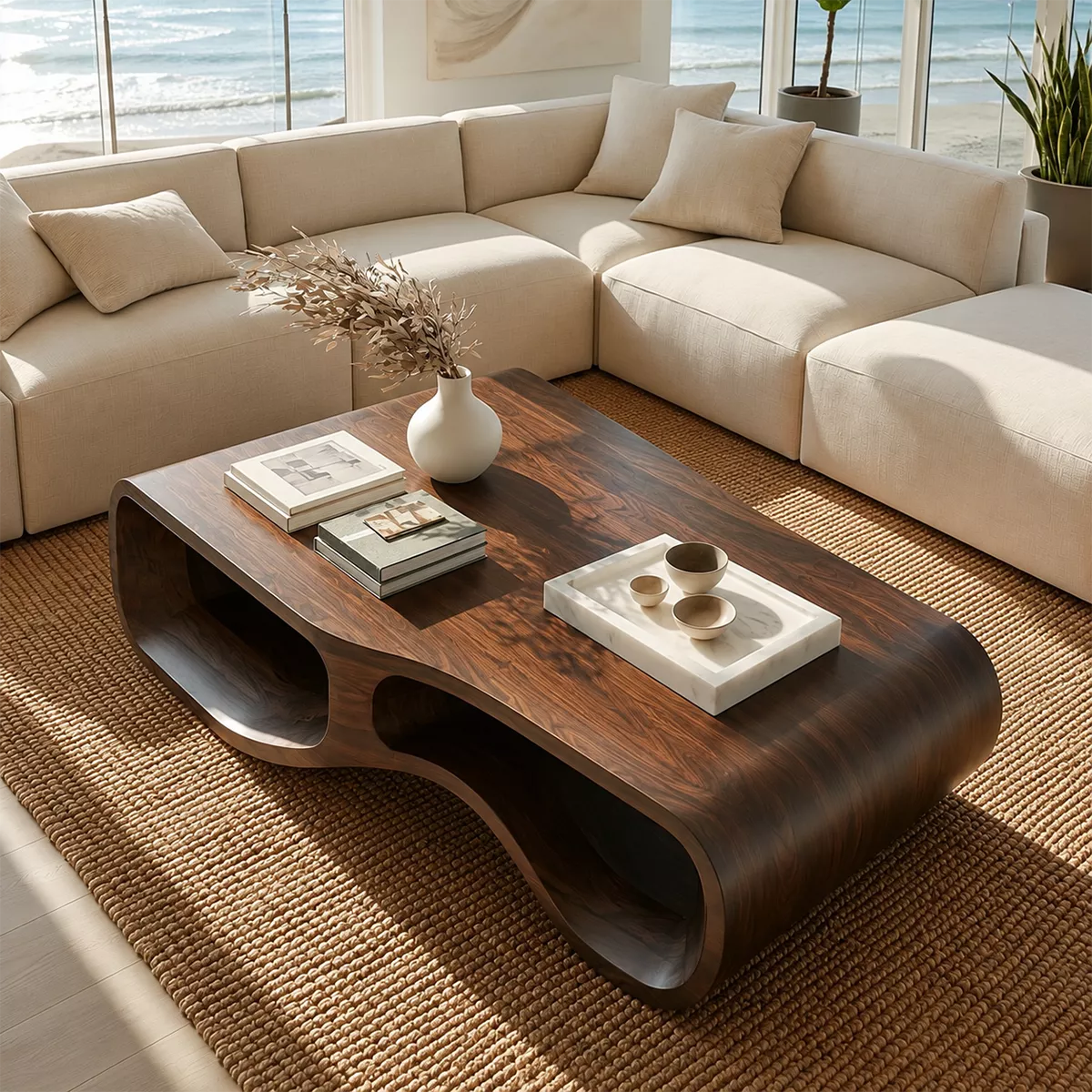 Modern Solid Wood Coffee Table With Double Hollow Base Rounded Sides And Natural Wood Grain For Living Room - Livewoodcraft - 7