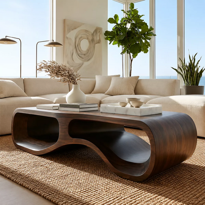 Modern Solid Wood Coffee Table With Double Hollow Base Rounded Sides And Natural Wood Grain For Living Room - Livewoodcraft - 8