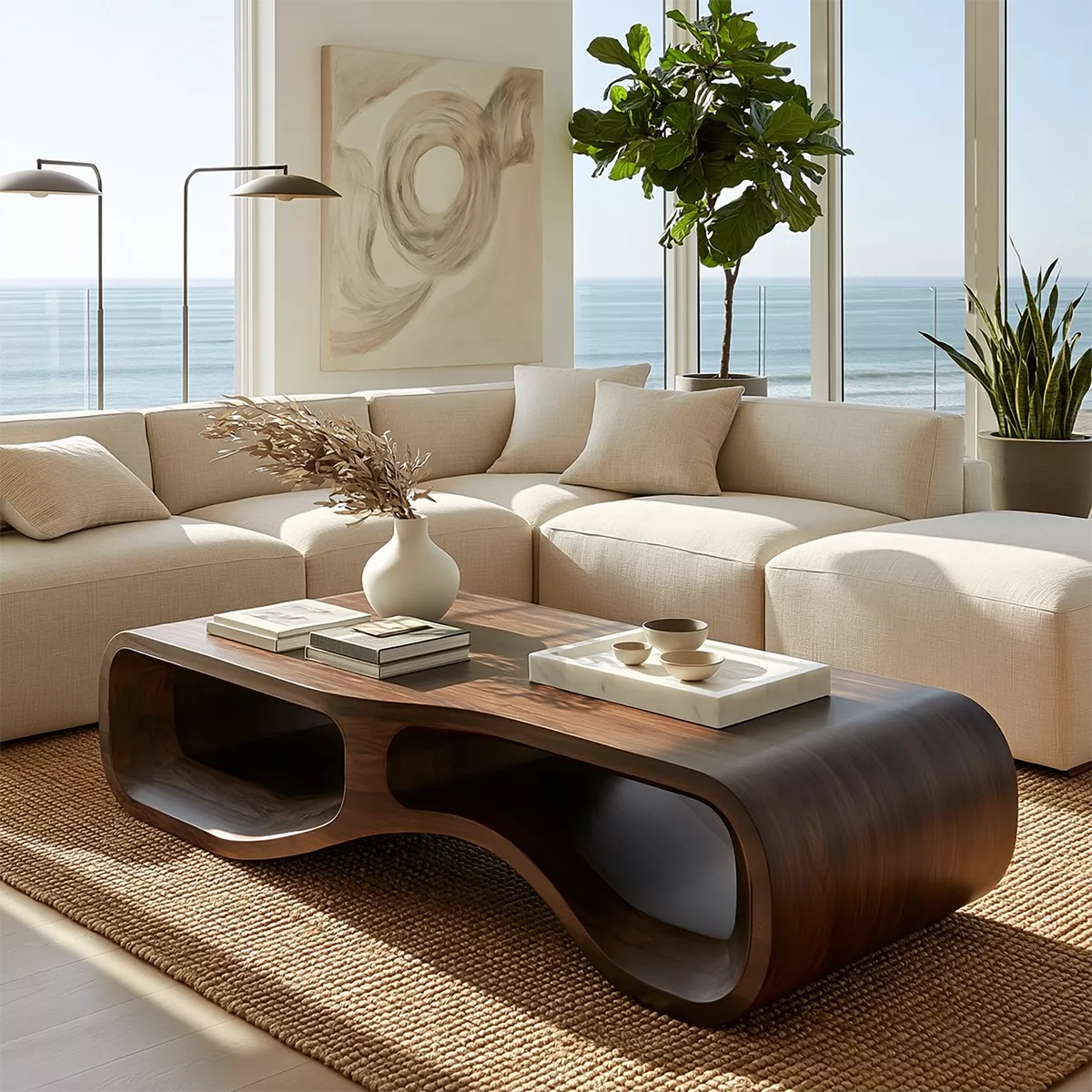 Modern Solid Wood Coffee Table With Double Hollow Base Rounded Sides And Natural Wood Grain For Living Room - Livewoodcraft