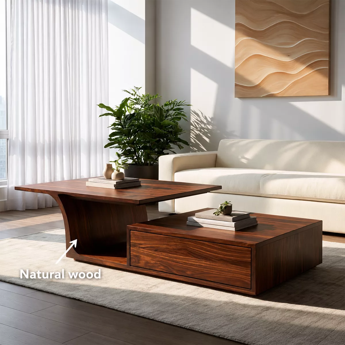Modern Solid Wood Coffee Table With Raised Top Storage Drawer And Sculptural Base For Living Room - Livewoodcraft - 10