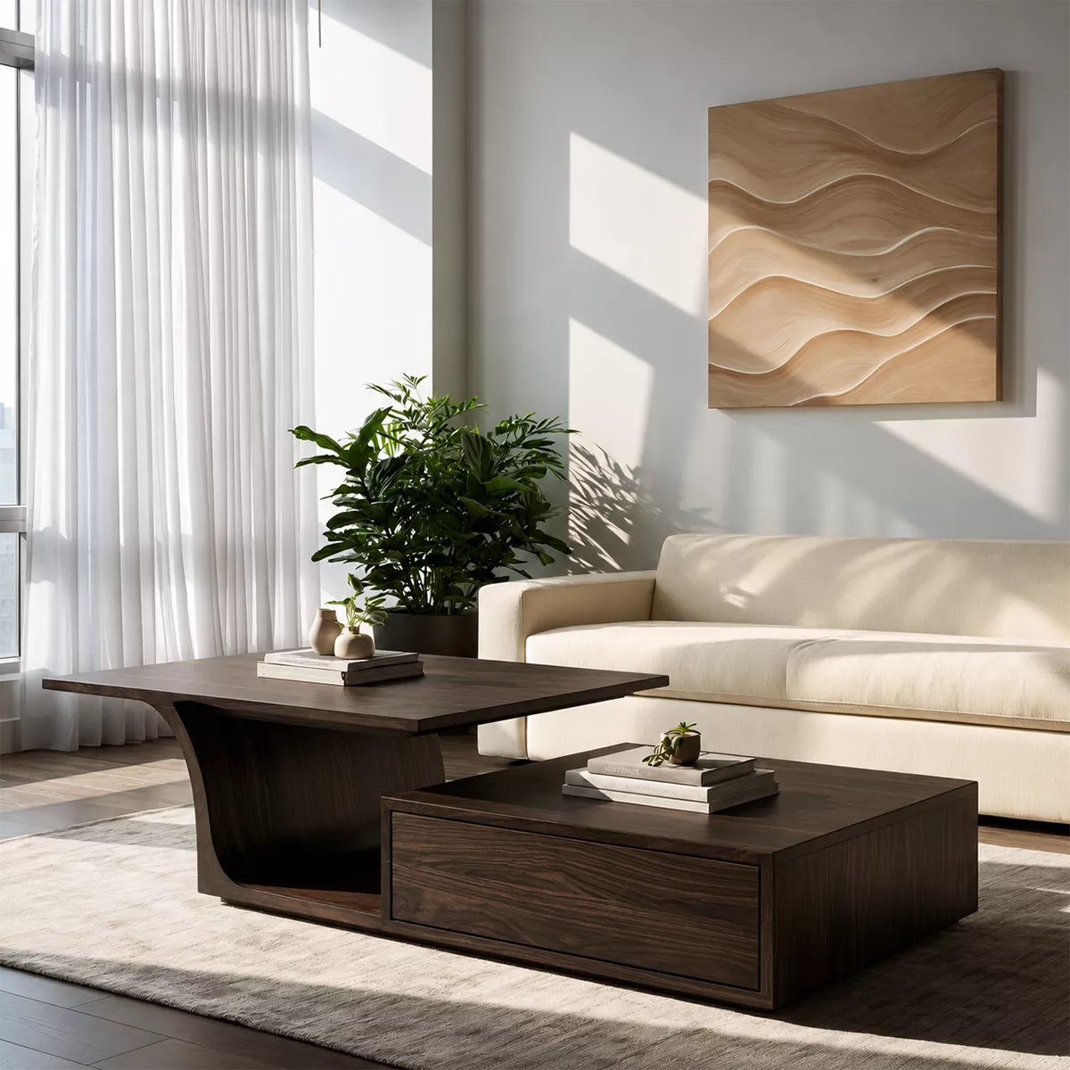 Modern Solid Wood Coffee Table With Raised Top Storage Drawer And Sculptural Base For Living Room - Livewoodcraft - 2