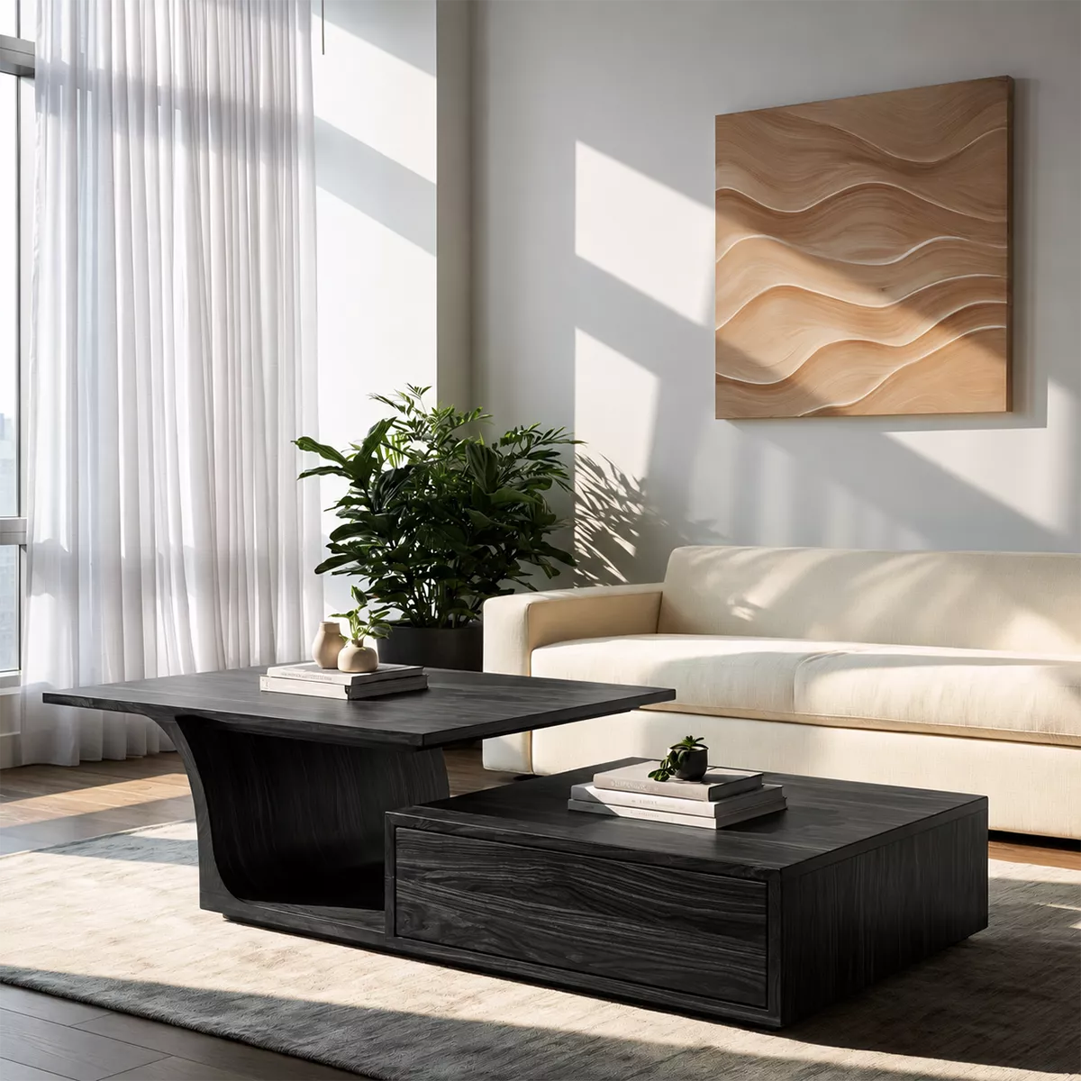 Modern Solid Wood Coffee Table With Raised Top Storage Drawer And Sculptural Base For Living Room - Livewoodcraft - 3