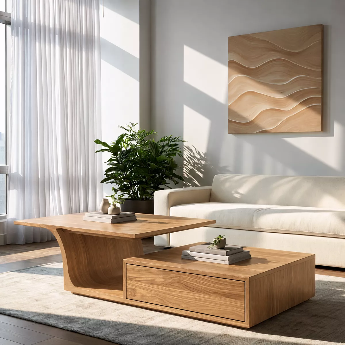 Modern Solid Wood Coffee Table With Raised Top Storage Drawer And Sculptural Base For Living Room - Livewoodcraft - 4
