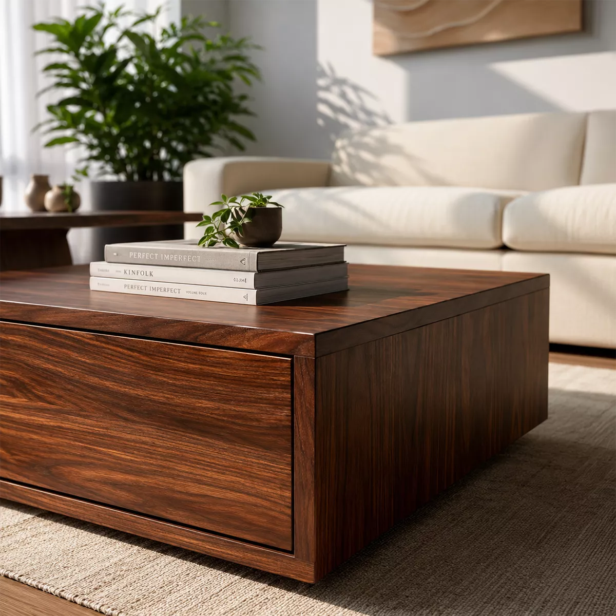 Modern Solid Wood Coffee Table With Raised Top Storage Drawer And Sculptural Base For Living Room - Livewoodcraft - 5