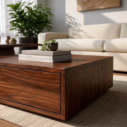 Modern Solid Wood Coffee Table With Raised Top Storage Drawer And Sculptural Base For Living Room - Livewoodcraft - 5