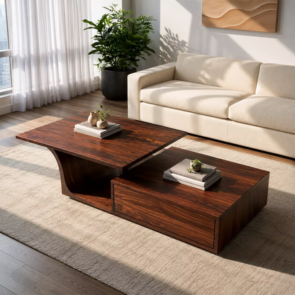 Modern Solid Wood Coffee Table With Raised Top Storage Drawer And Sculptural Base For Living Room - Livewoodcraft - 6