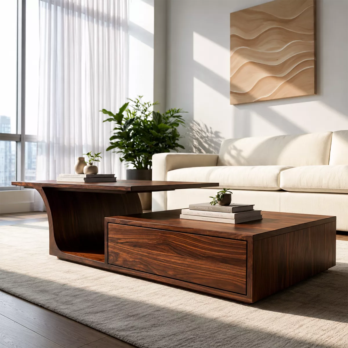 Modern Solid Wood Coffee Table With Raised Top Storage Drawer And Sculptural Base For Living Room - Livewoodcraft - 7
