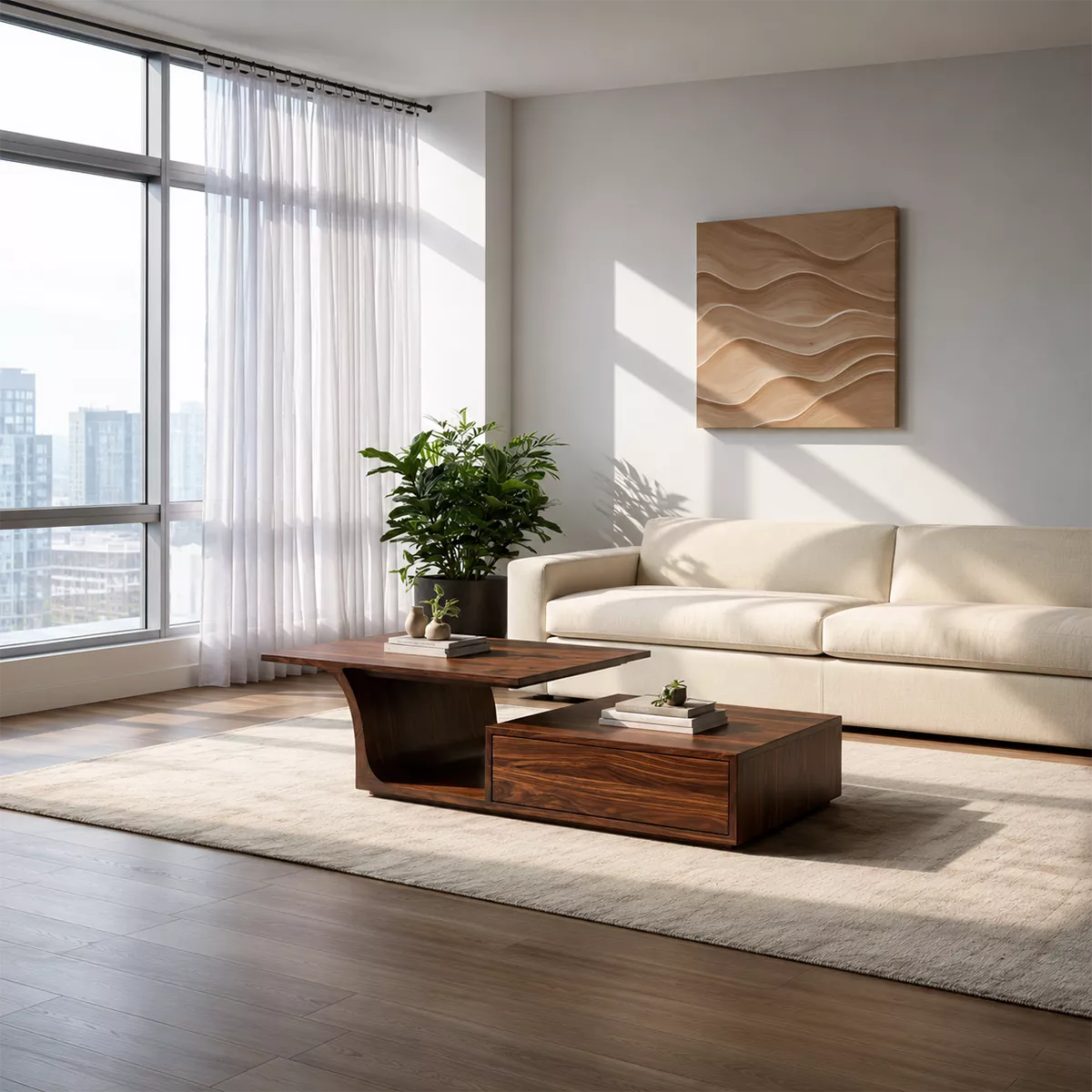 Modern Solid Wood Coffee Table With Raised Top Storage Drawer And Sculptural Base For Living Room - Livewoodcraft - 8