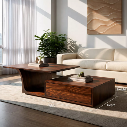 Modern Solid Wood Coffee Table With Raised Top Storage Drawer And Sculptural Base For Living Room - Livewoodcraft - 9