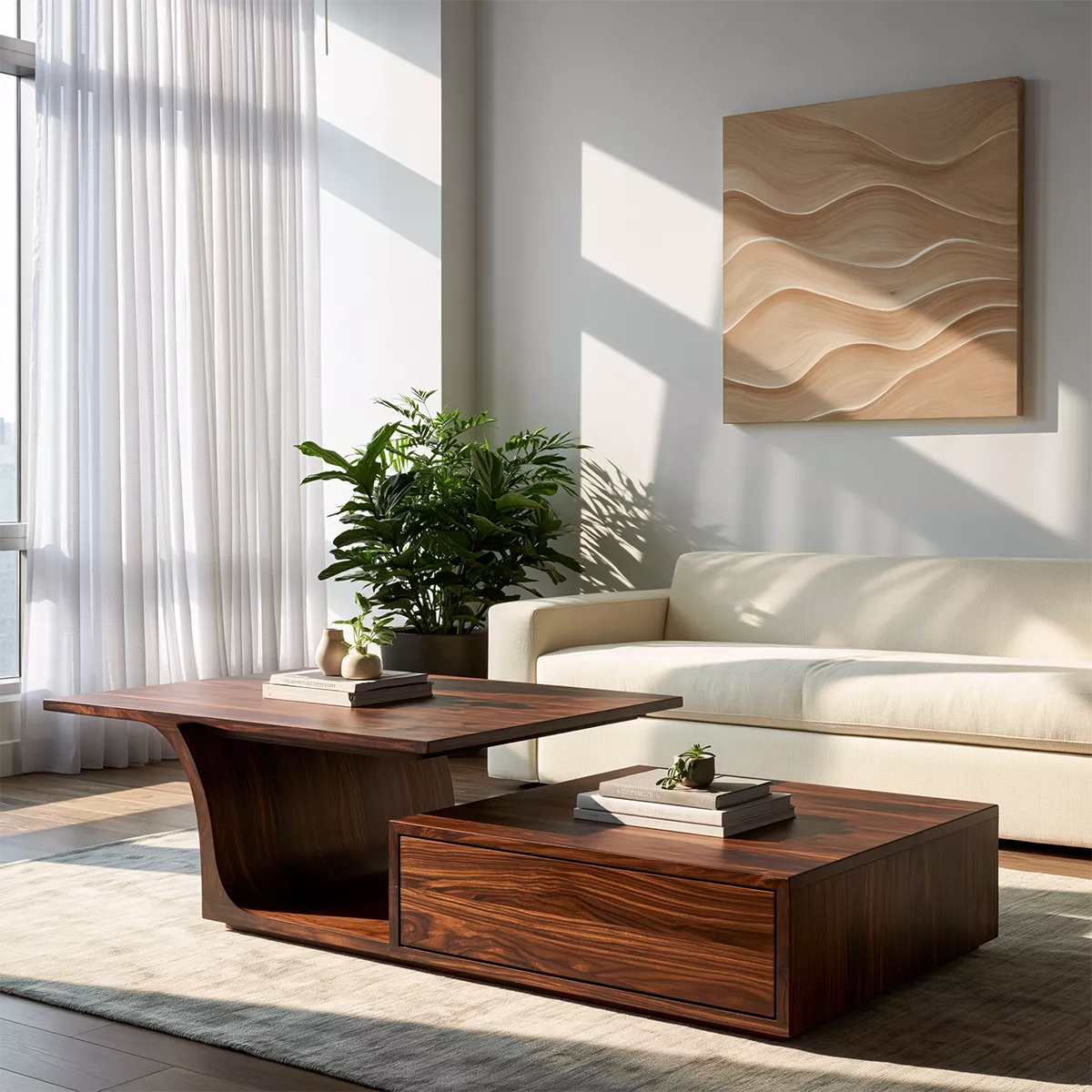 Modern Solid Wood Coffee Table With Raised Top Storage Drawer And Sculptural Base For Living Room - Livewoodcraft