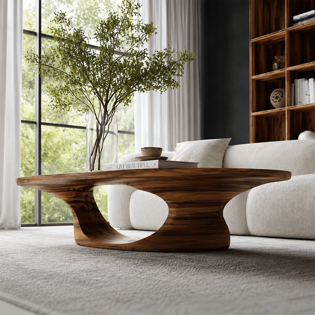 Modern Solid Wood Coffee Table With Sculptural Open Base And Natural Wood Grain For Living Room - Livewoodcraft - 7