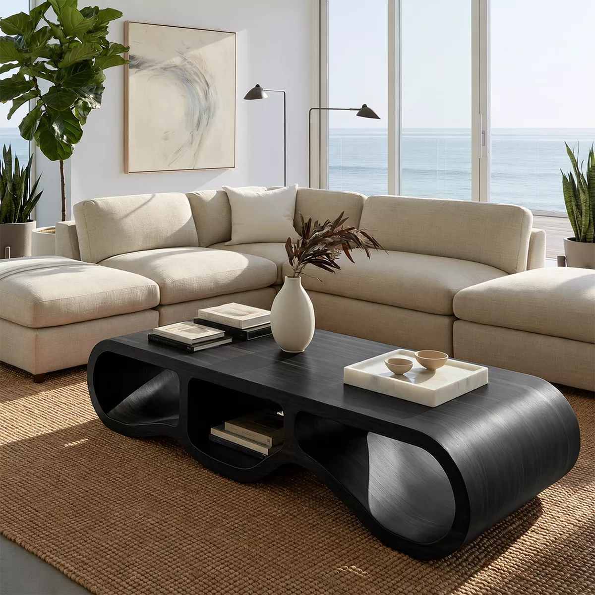 Modern Solid Wood Coffee Table With Triple Hollow Base Rounded Sides And Natural Wood Grain For Living Room - Livewoodcraft - 2