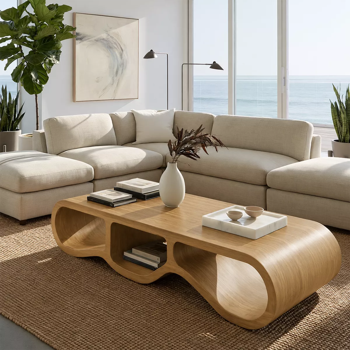 Modern Solid Wood Coffee Table With Triple Hollow Base Rounded Sides And Natural Wood Grain For Living Room - Livewoodcraft - 3