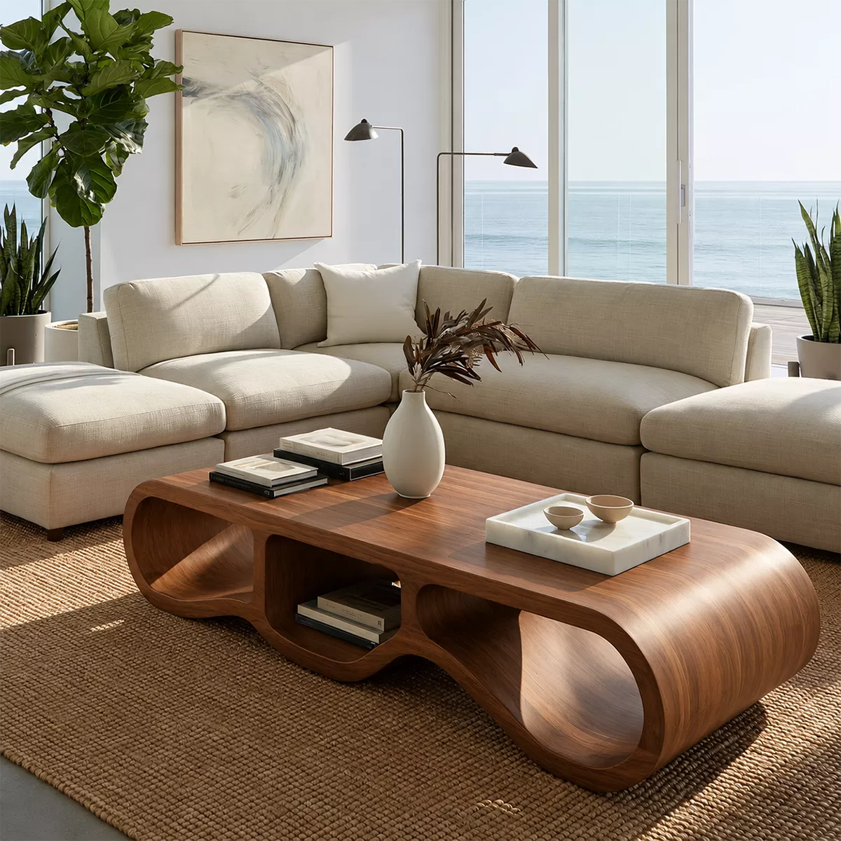 Modern Solid Wood Coffee Table With Triple Hollow Base Rounded Sides And Natural Wood Grain For Living Room - Livewoodcraft - 4
