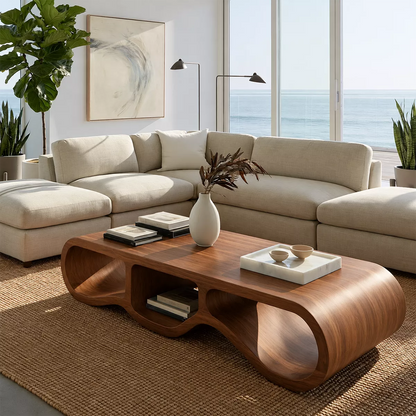 Modern Solid Wood Coffee Table With Triple Hollow Base Rounded Sides And Natural Wood Grain For Living Room - Livewoodcraft - 4