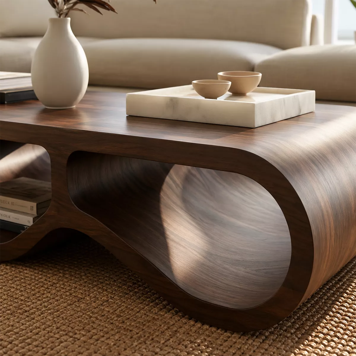 Modern Solid Wood Coffee Table With Triple Hollow Base Rounded Sides And Natural Wood Grain For Living Room - Livewoodcraft - 5