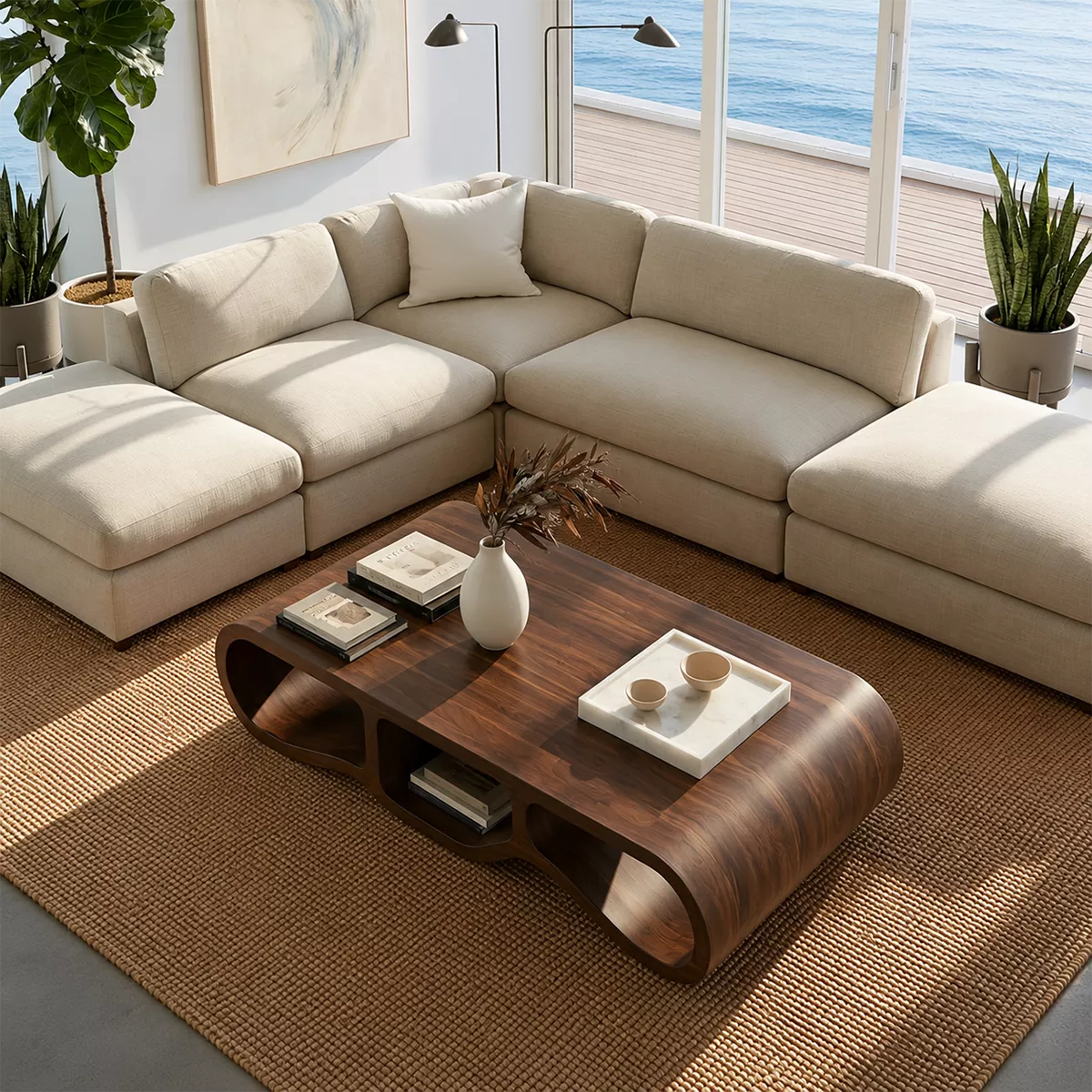 Modern Solid Wood Coffee Table With Triple Hollow Base Rounded Sides And Natural Wood Grain For Living Room - Livewoodcraft - 6