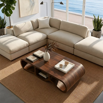 Modern Solid Wood Coffee Table With Triple Hollow Base Rounded Sides And Natural Wood Grain For Living Room - Livewoodcraft - 6